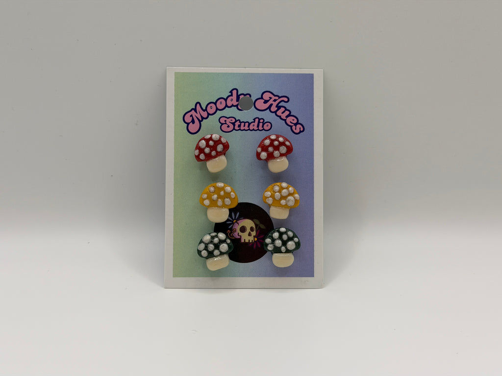 Mushroom Stud Earring 3 Pack - Red, Yellow & Green